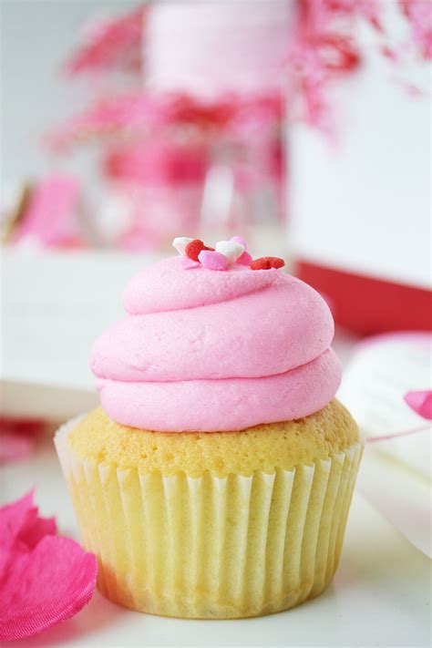 Vanilla Cupcake With Pink Icing And Heart Sprinkles Sweet Valentines