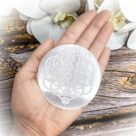 Selenite Engraved Flower Of Life Chakra World Of Crystals Export