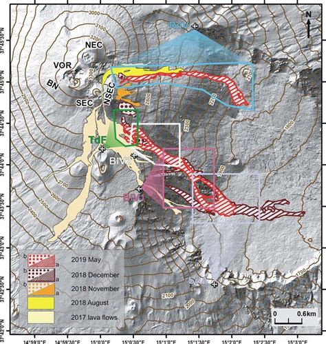 Lava flow map of 2017, 2018 and 2019 lava flows on a 2015 shaded relief ...