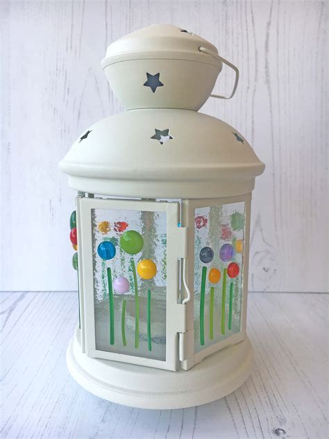 Colourful Flower Tealight Lantern Sparkly Place Fused Glass