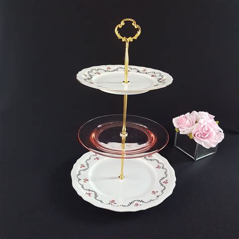 Tier Cake Stand Mismatched Bone China And Pink Depression Glass Tea