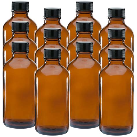 Alayna 4 Oz Amber Glass Boston Round Bottles With Black Ribbed Cap 12 Pack