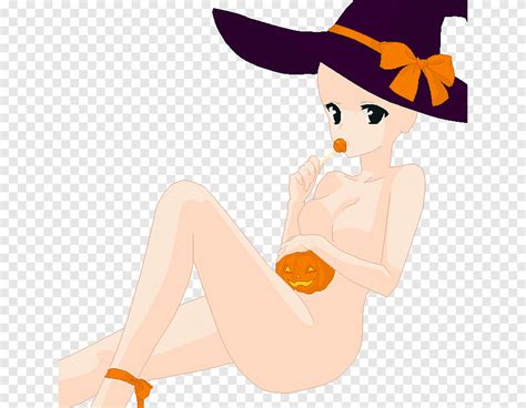 Base Halloween Witch Naked Female Anime Character Holding Orange