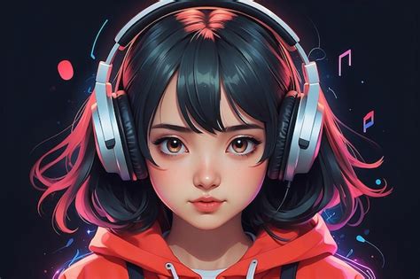 Premium Photo Anime Girl Listens Music On Headphones Portrait Of Teenager Illustration