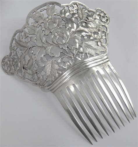 Huge Antique Chinese Hand Chased Sterling Silver Peony Flower Hair Comb