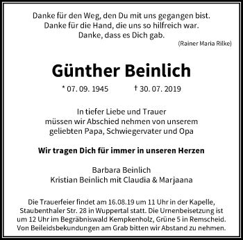 Traueranzeigen von Günther Beinlich Trauer und Gedenken