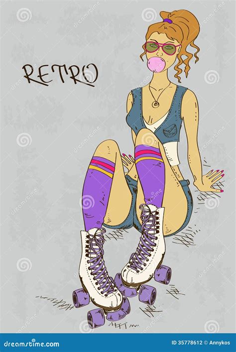 Retro Illustration With Girl On Roller Skates Stock Vector