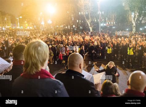 Riga Latvia Lacplesa Day A Crowd With Lit Candles Gathers Around A