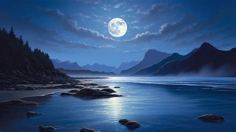 Premium Photo A Full Moon Is Shining Over A Mountain Lake