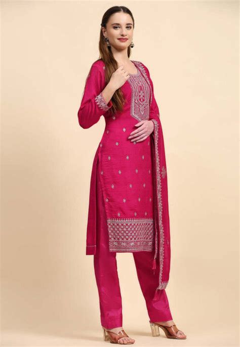 Buy Embroidered Art Silk Pakistani Suit In Fuchsia Online KRY1565