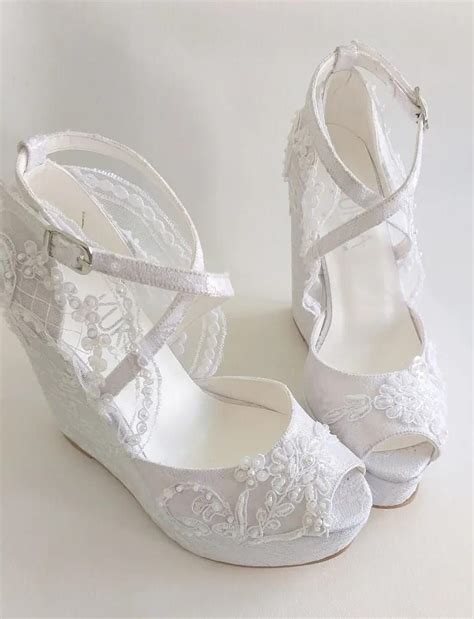 White Lace Wedge Wedding Sandals Floral Lace Bridal Wedges With Pearls