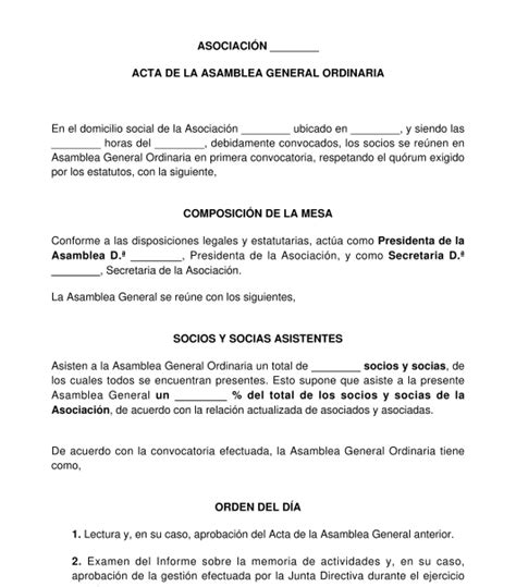 Acta De Asamblea General De Una Asociaci N Modelo