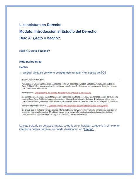 Reto Acto O Hecho Licenciatura En Derecho Modulo Introducci N Al