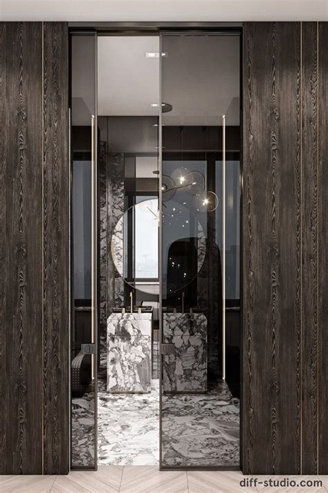 An Elegant Bathroom With Marble And Wood Accents