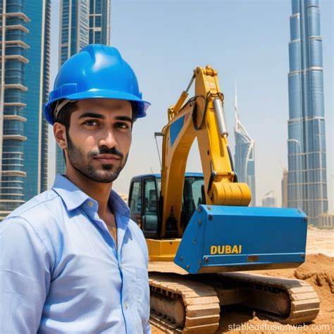 Man In Blue Helmet With Excavator At Dubai Construction Site Stable