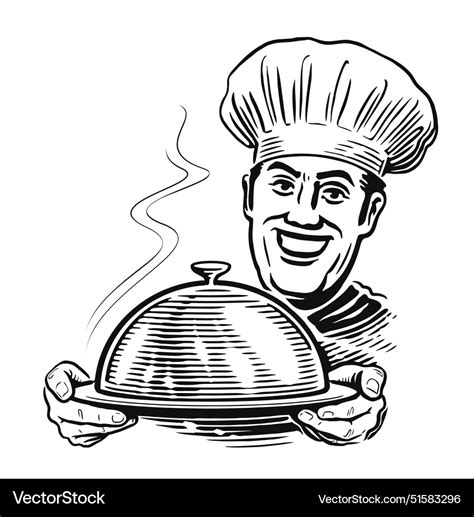 Happy Chef With Tray Male Cook In Hat Cloche Vector Image