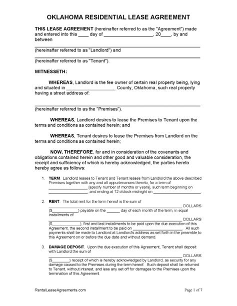 Free Oklahoma Standard Residential Lease Agreement Pdf Word Rtf