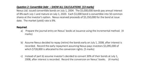 Solved Question Convertible Debt Show All Calculations Chegg