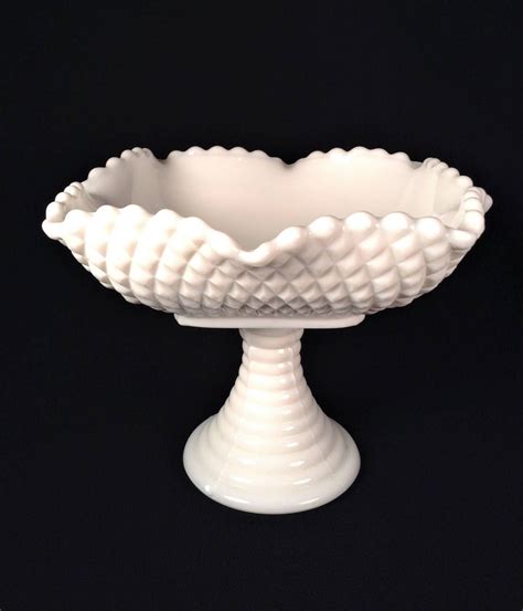 Milk Glass Compote L E Smith Glass Diamond Square Crimped Vintage White Milk Glass Pedestal