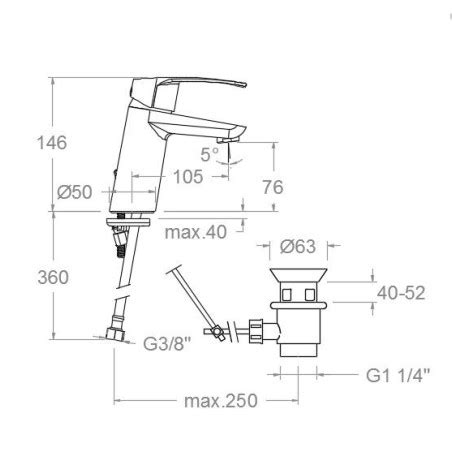 Monomando para lavabo inclinado con sistema S2 y válvula automática en