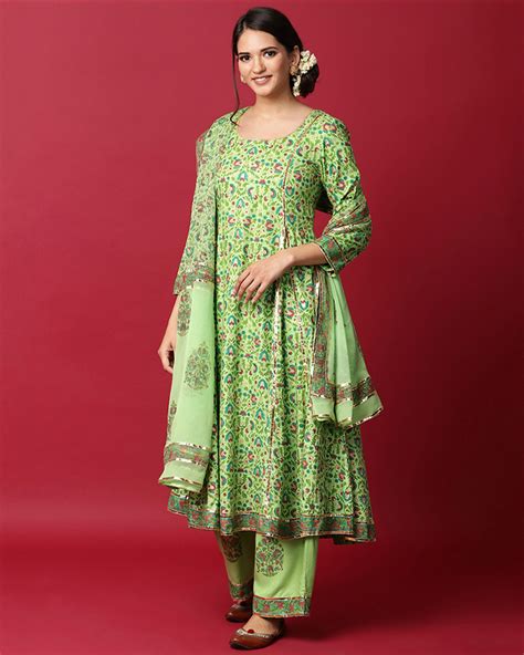 Green Hand Block Printed Anarkali Set Set Of Three By Rivaaj The