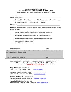 Fillable Online PASTOR PREFERENCE FORM APPOINTMENT OR ASSIGNMENT Fax