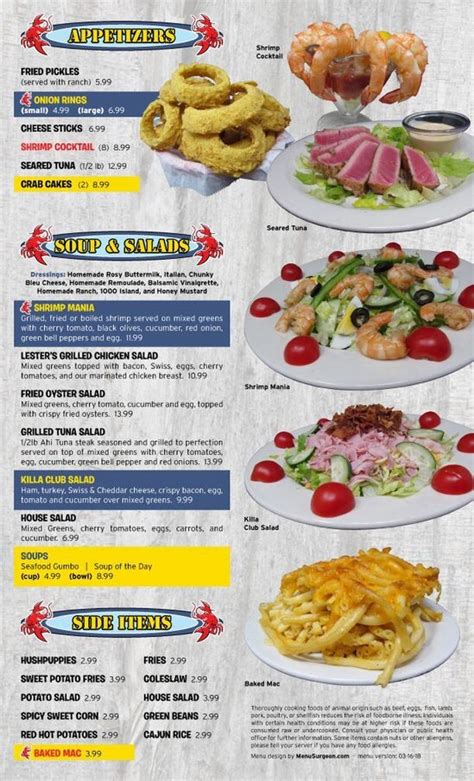 Menu at Lester's Seafood restaurant, Picayune