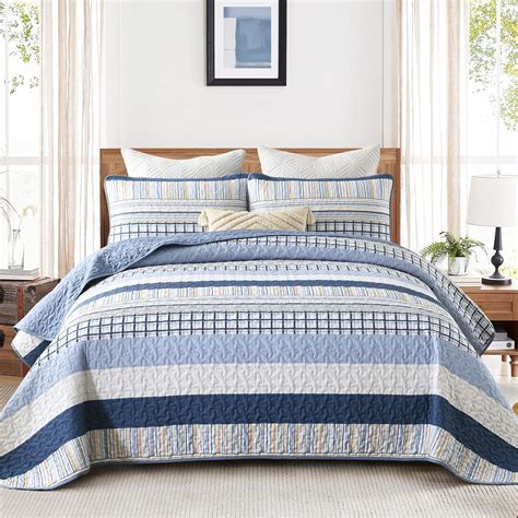 Amazon DJY Navy Blue Striped Quilt Queen Size Boho Blue Tan