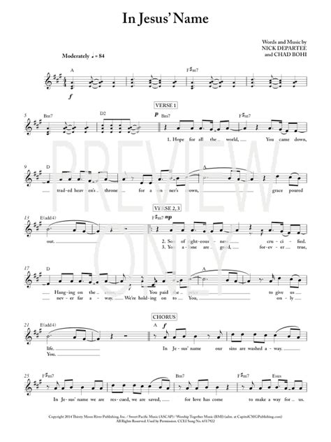 In Jesus Name Lead Sheet Lyrics And Chords Kutless Worshiphouse Media