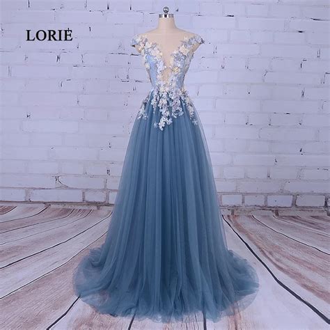 LORIE robe de soirée bleue en tulle col rond décorée de fleurs