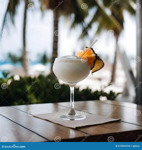 A Tall Glass Of A Refreshing Pina Colada Beach Cocktail On A Palm Beach Background Closeup