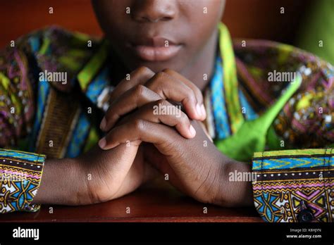 Sunday Morning Catholic Mass Young Boy Praying Lome Togo Stock Photo