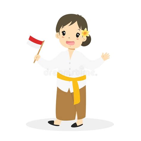 Bali Girl Holding Indonesian Flag Cartoon Vector Stock Vector