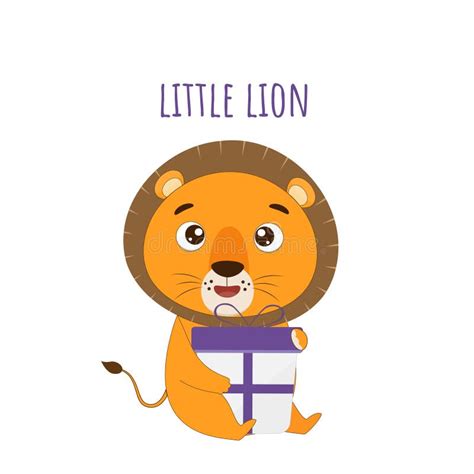 Cute Lion Cub Hugs a Violet Gift Box. Lion Isolated on White Background ...