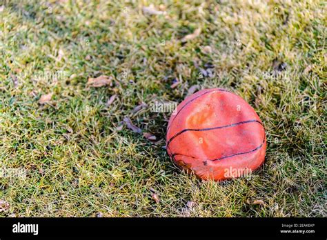 Deflated Dirty Orange Basketball On Grass Stock Photo Alamy