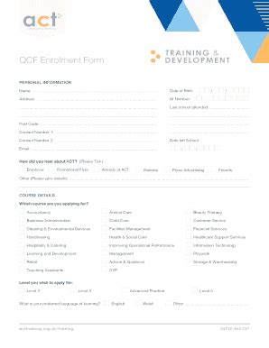 Fillable Online Acttraining Org Qcf Enrolment Form Act Training Fax