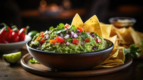 Guacamole and Chips: a Close-up Shot of a Bowl of Creamy Guacamole with Colorful Tortilla Chips ...