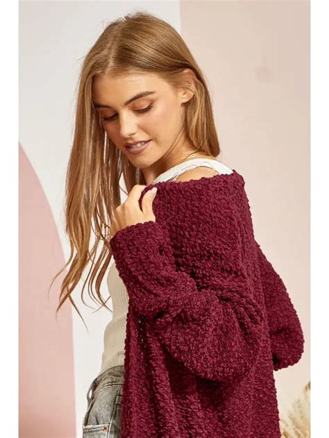 Andree Camille Cozy Long Sleeve Popcorn Cardigan In Burgundy G3 Mercantile