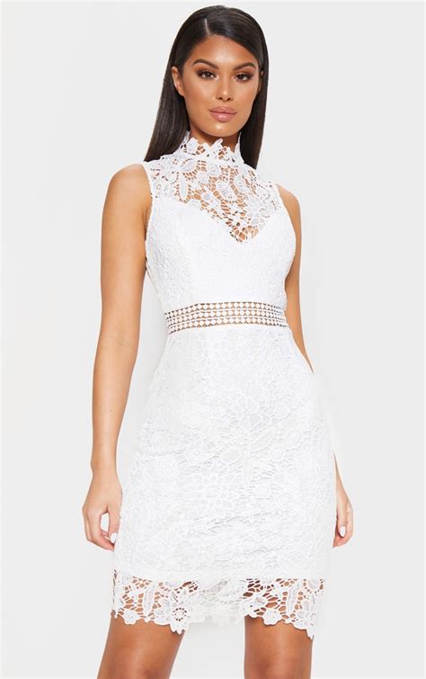 White Lace High Neck Sleeveless Bodycon Dress Prettylittlething