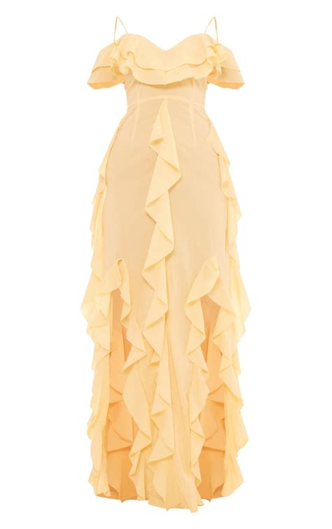 Lemon Cold Shoulder Ruffle Detail Maxi Dress Dresses Prettylittlething