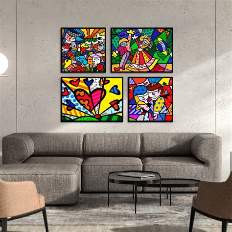 Quadro De Parede Sala Romero Britto Moldura 4 Unidades Lindo