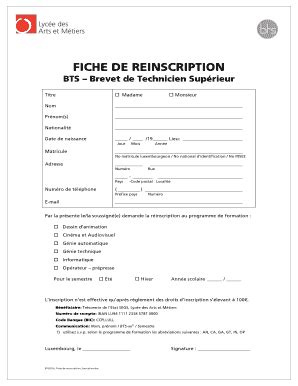 Fillable Online Ltam Fiche De Reinscription Lyc E Des Arts Et M Tiers