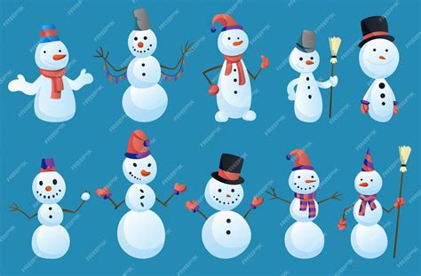 Premium Vector Set Of Snowmans In Different Poses With Top Hat And