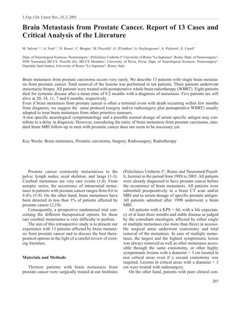 (PDF) Brain metastasis from prostate cancer. Report of 13 cases and critical analysis of the ...