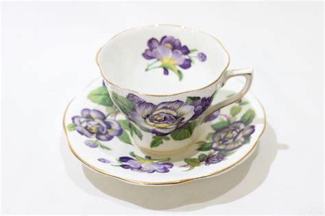 Vintage Rosina Bone China Tea Cup And Saucer Purple Floral Etsy