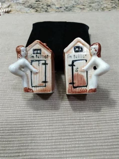 Vintage Risque Naked Lady Outhouse Salt Pepper Shakers Japan