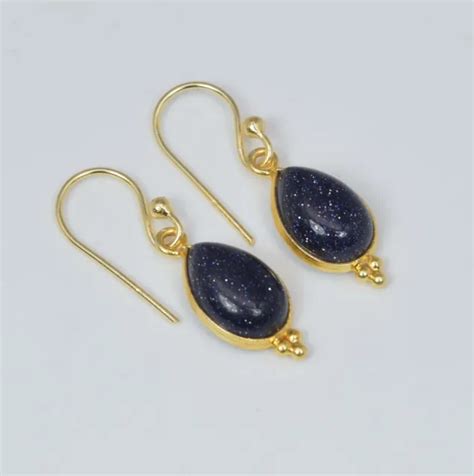 925 SOLID STERLING Silver 24CT Gold Overlay Blue Sunstone Hook Earring