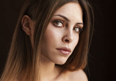 Pierced Nose Freckles Closeup Brunette Face Hazel Eyes Long Hair Women Omar Hollander