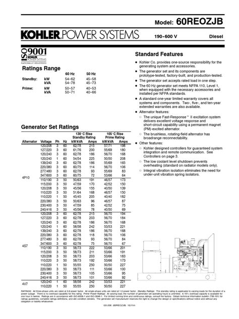 Kohler 60reozjb Spec Sheet | Engines | Machines