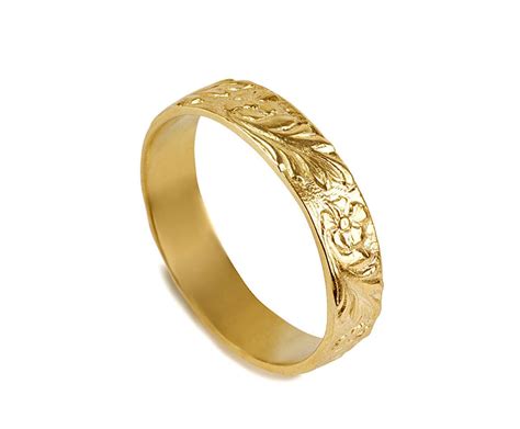 18k Gold Flower Wedding Band Ring Handmade Engraved Wedding Etsy Uk